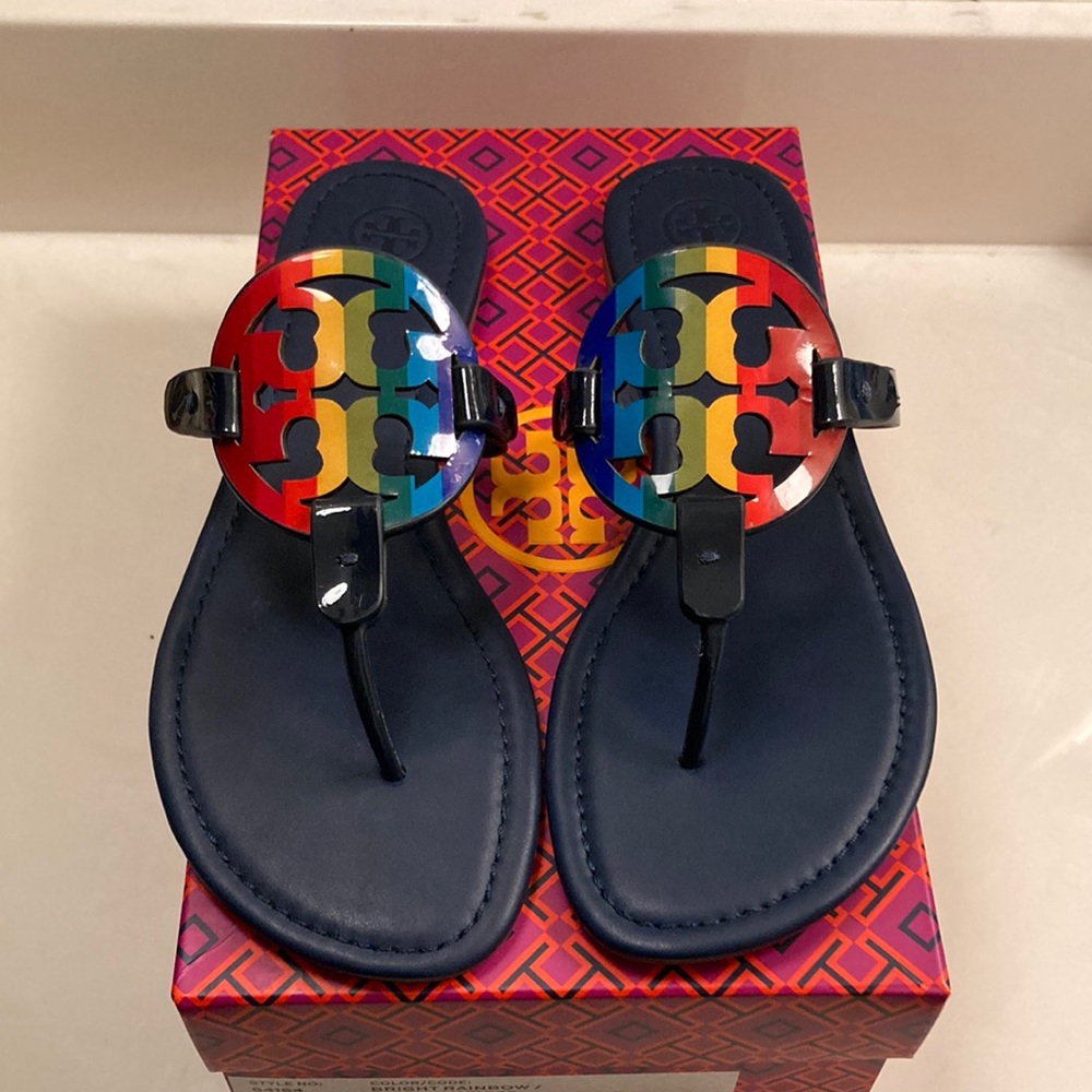 Tory Burch Navy Blue & Rainbow Millers 9.5